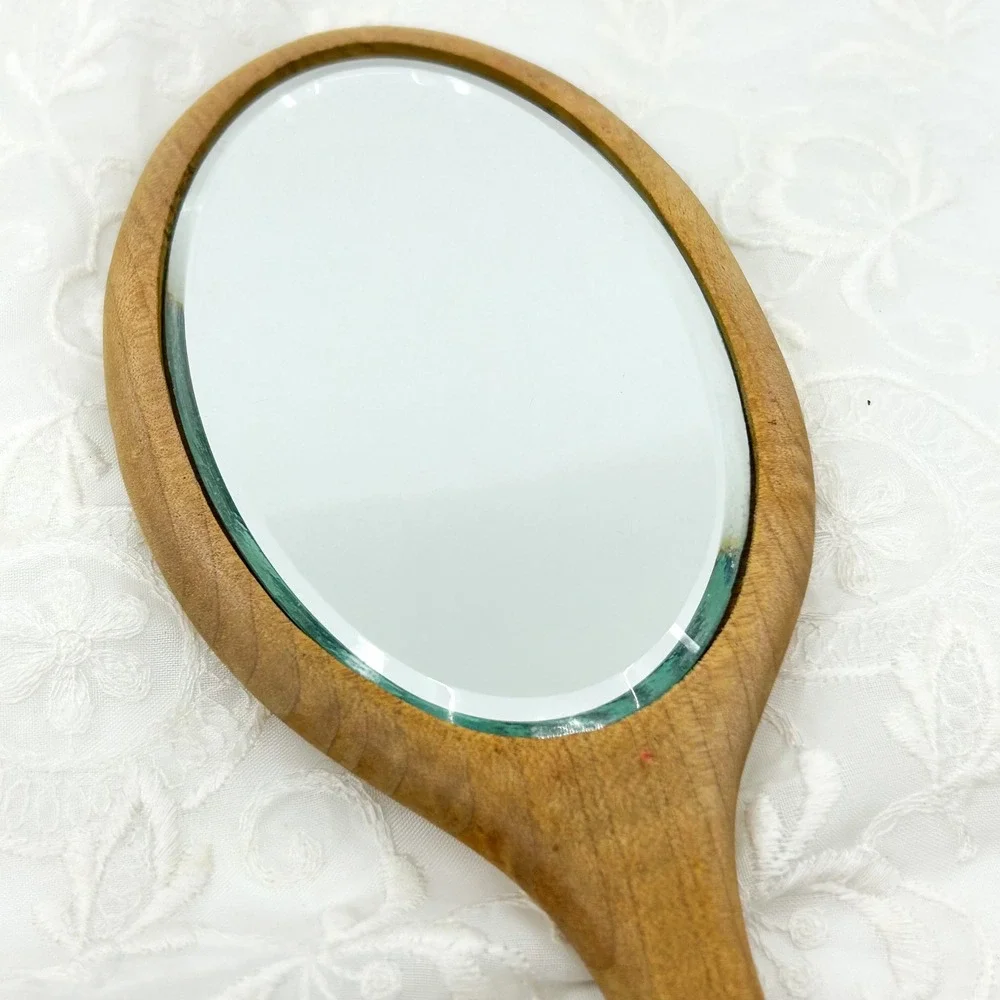 Vintage Handmade Wood Carved Hand Mirror Vanity Mirror - Boho Minimalist